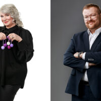 Yrittäjä Armi Soilanterä käsissään värikkäät geishapallot ja eri kuvassa yrittäjä Sami Alasimi kädet puuskassa.