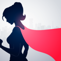 Nainen supersankarin asussa.