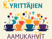 Yrittäjien aamukahvien uvituskuvassa eri värisiä kahvikuppeja, joista kohoaa höyryä.