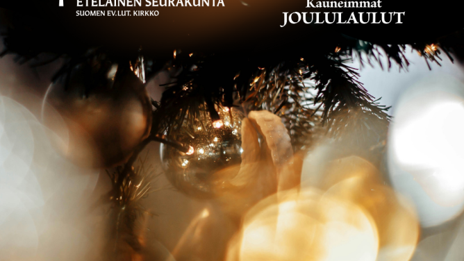 Kullanhohtoisia kuusenkoristeita, jouluvaloja ja kuusen oksia. Tampereen Eteläisen seurakunnan logo ja Kauneimmat joululaulut logo tummalla pohjalla.