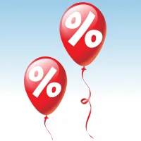 Kaksi punaista ilmapalloa leijuu vaalenasinisellä taustalla. Kummankin ilmapallon tekstinä on prosenttimerkki.