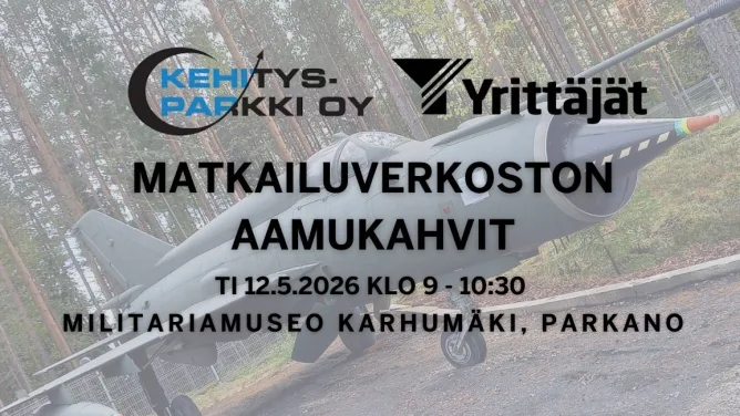 Parkanon ja Kihniön matkailuverkoston aamukahvit Militariamuseolla -kuvituskuva jossa taustalla hävittäjä
