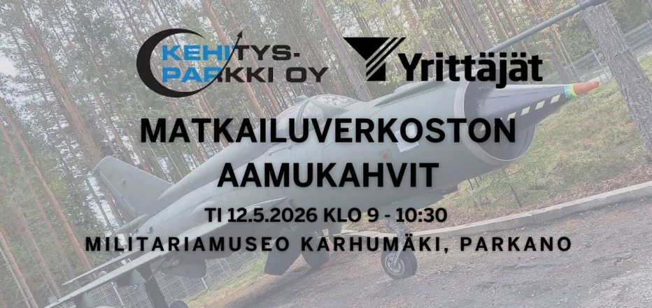 Parkanon ja Kihniön matkailuverkoston aamukahvit Militariamuseolla -kuvituskuva jossa taustalla hävittäjä