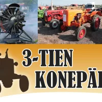 3-Tien Konepäivät -tapahtuman banneri, jossa näkyy vanhoja traktoreita, kuorma-autoja, moottori sekä punainen paloauto. Kuvassa suuri teksti “3-Tien Konepäivä”.