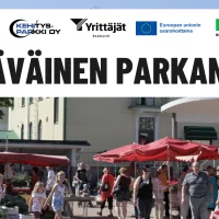Eläväinen parkano-hankkeen kuvituskuva. kuvassa iloisia ihmisiä parkanon aurinkoisella torilla