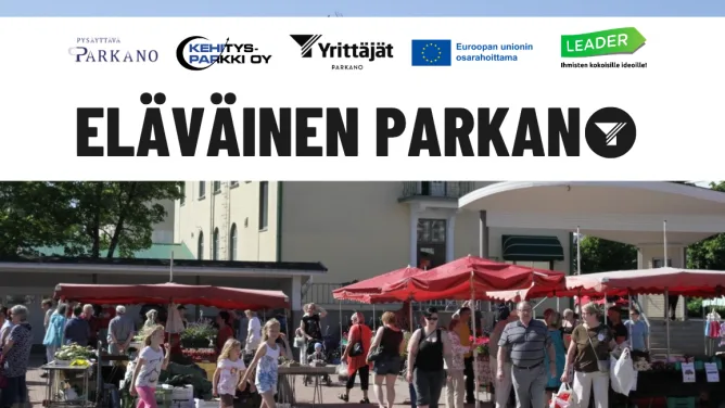 Eläväinen parkano-hankkeen kuvituskuva. kuvassa iloisia ihmisiä parkanon aurinkoisella torilla