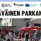 Eläväinen parkano-hankkeen kuvituskuva. kuvassa iloisia ihmisiä parkanon aurinkoisella torilla