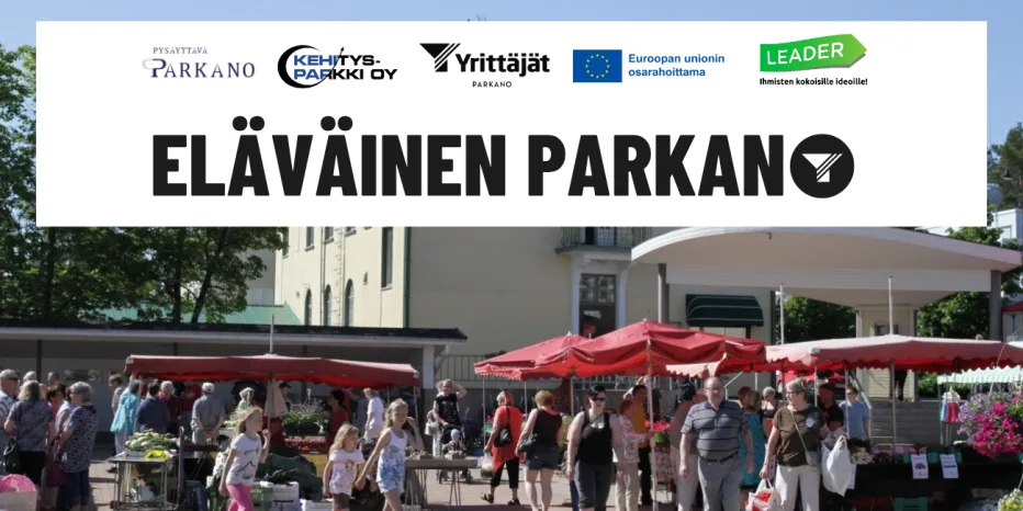 Eläväinen parkano-hankkeen kuvituskuva. kuvassa iloisia ihmisiä parkanon aurinkoisella torilla