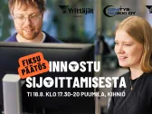 Innostu sijoittamisesta -yrittäjäilta Puumilassa Kihniössä 18.8. Kuvassa kaksi henkilöä tietokoneen äärellä sekä tapahtuman tiedot ja järjestäjien logot.