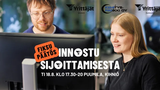 Innostu sijoittamisesta -yrittäjäilta Puumilassa Kihniössä 18.8. Kuvassa kaksi henkilöä tietokoneen äärellä sekä tapahtuman tiedot ja järjestäjien logot.