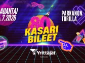 Kasaribileet Parkanon torilla 4.7.2026 mainoskuva, jossa 80-luvun neonhenkinen grafiikka, kasettisoitin, musiikkisymboleja ja kehotus pukeutua kasariin.