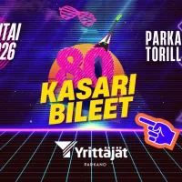 Kasaribileet Parkanon torilla 4.7.2026 mainoskuva, jossa 80-luvun neonhenkinen grafiikka, kasettisoitin, musiikkisymboleja ja kehotus pukeutua kasariin.