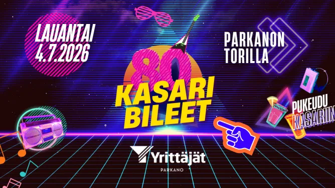 Kasaribileet Parkanon torilla 4.7.2026 mainoskuva, jossa 80-luvun neonhenkinen grafiikka, kasettisoitin, musiikkisymboleja ja kehotus pukeutua kasariin.