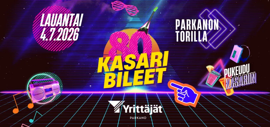 Kasaribileet Parkanon torilla 4.7.2026 mainoskuva, jossa 80-luvun neonhenkinen grafiikka, kasettisoitin, musiikkisymboleja ja kehotus pukeutua kasariin.