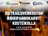 Tumma tapahtumabanneri, jossa nokipannu roikkuu nuotion yllä liekkien keskellä. Bannerissa lukee “Matkailuverkoston nokipannukahvit kosteikolla”. Alareunassa tapahtuman aika “Ti 16.6. klo 9–10.30” sekä paikka “Isonevan kosteikko, Parkano”. Yläreunassa Euroopan unionin osarahoittama Leader Pohjois-Satakunta -logo sekä Kihniön Yrittäjien, Kehitys-Parkin ja Parkanon Yrittäjien logot.