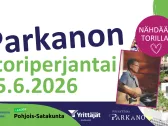 Parkanon toriperjantai mainoskuva jossa torimyyjiä ja muusikko jukka suvio