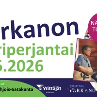 Parkanon toriperjantai mainoskuva jossa torimyyjiä ja muusikko jukka suvio