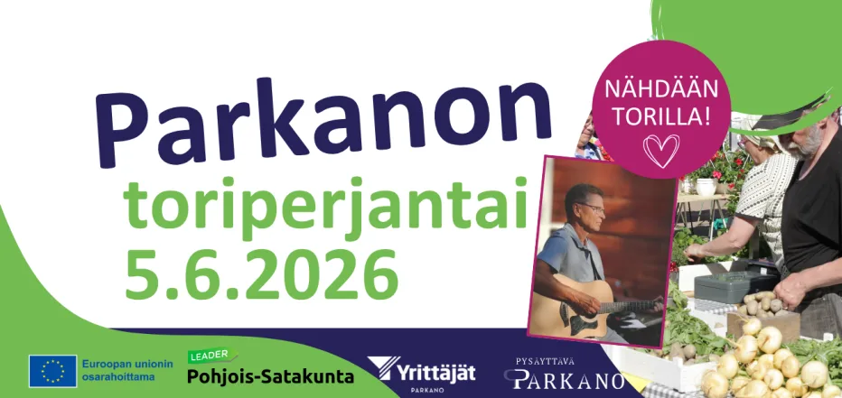 Parkanon toriperjantai mainoskuva jossa torimyyjiä ja muusikko jukka suvio