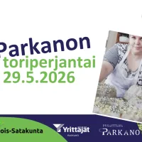 Parkanon toriperjantai 29.5.2026 -mainos. Vaalealla taustalla vihreä ja tummansininen ilme. Mainoksessa kuvia toritunnelmasta, kukista, käsityöstä ja punatukkaisesta naisesta. Teksti: 'Parkanon toriperjantai 29.5.2026' sekä pinkissä ympyrässä 'Nähdään torilla!'. Alareunassa EU:n osarahoituksen, Leader Pohjois-Satakunnan, Parkanon Yrittäjien ja Pysäyttävä Parkano -logot.