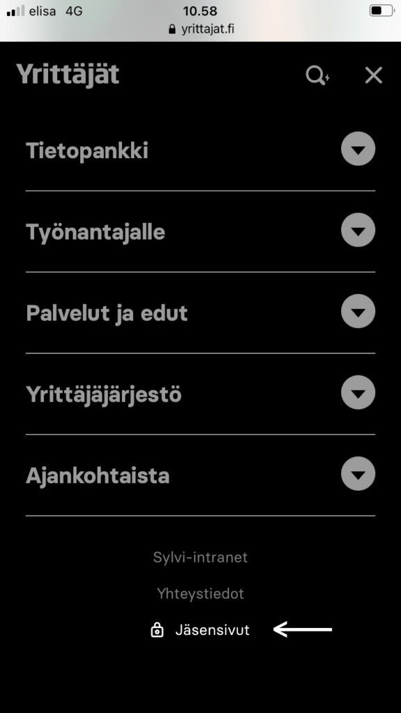 Jäsenpalveluun kirjautuminen tapahtuu mobiilissa haitarivalikon kautta. Kirjautumislinkki on sivun lopussa.