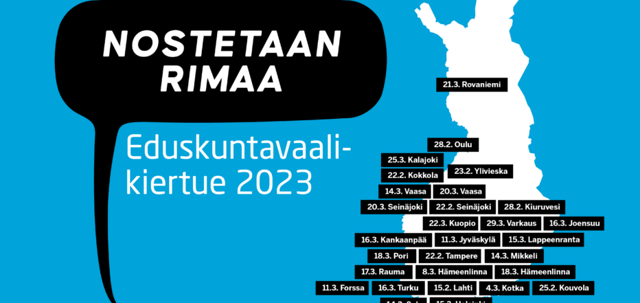 Nostetaan rimaa -vaalitapahtumakartta, jossa tapahtumia on ympäri Suomen.